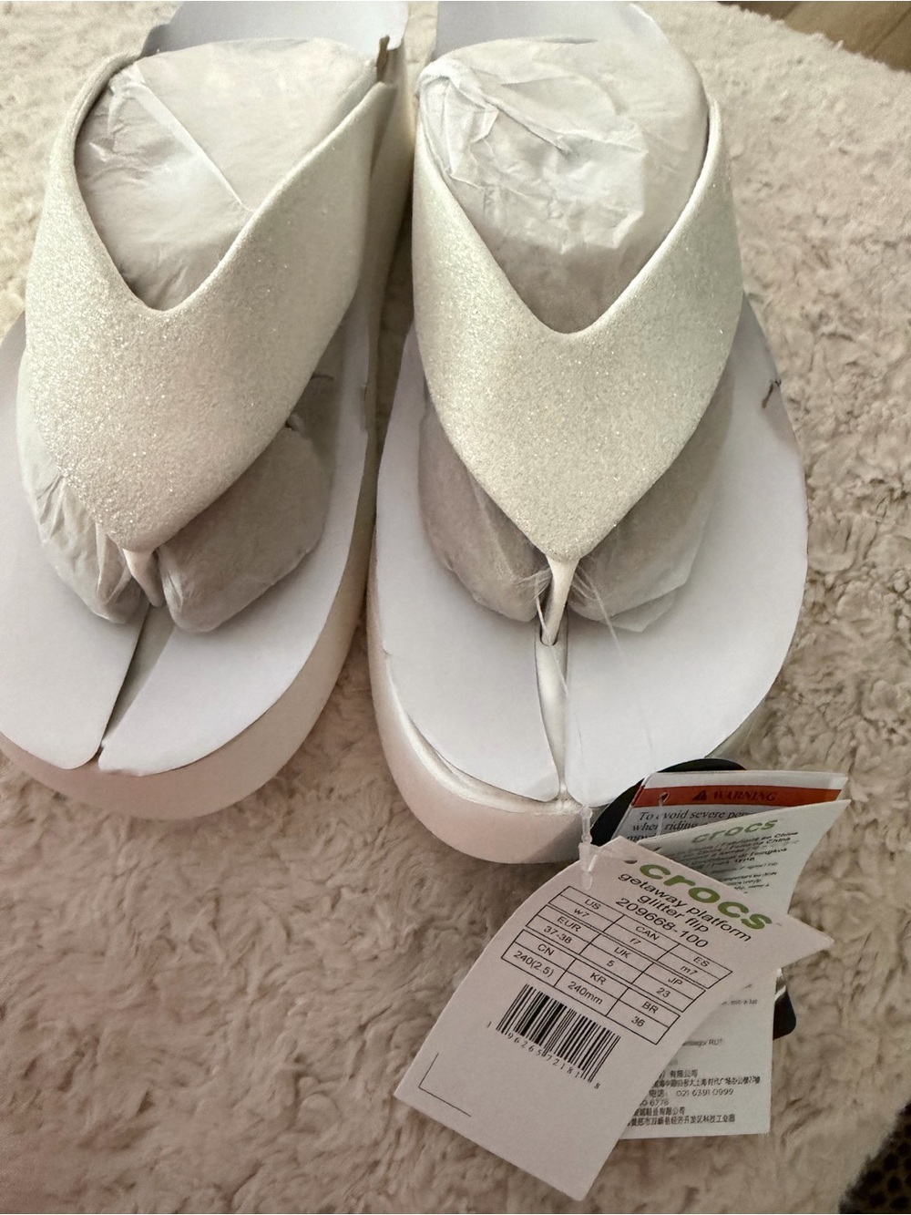 CROCS Kids White Glitter Platform Flip Sandals